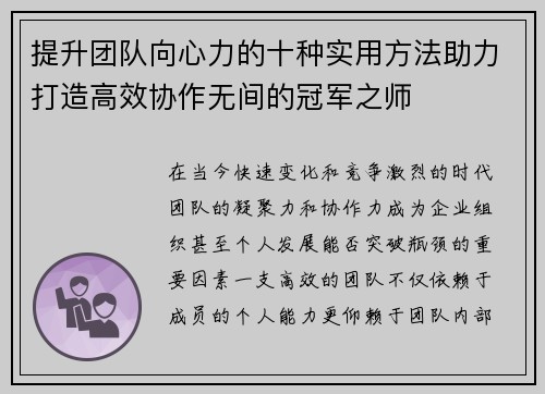提升团队向心力的十种实用方法助力打造高效协作无间的冠军之师